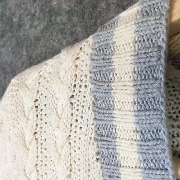 Lauren Ralph Lauren Sweater S M Preppy Cable Knit Blue Ivory V Neck Cuffed Braid - Picture 3 of 11